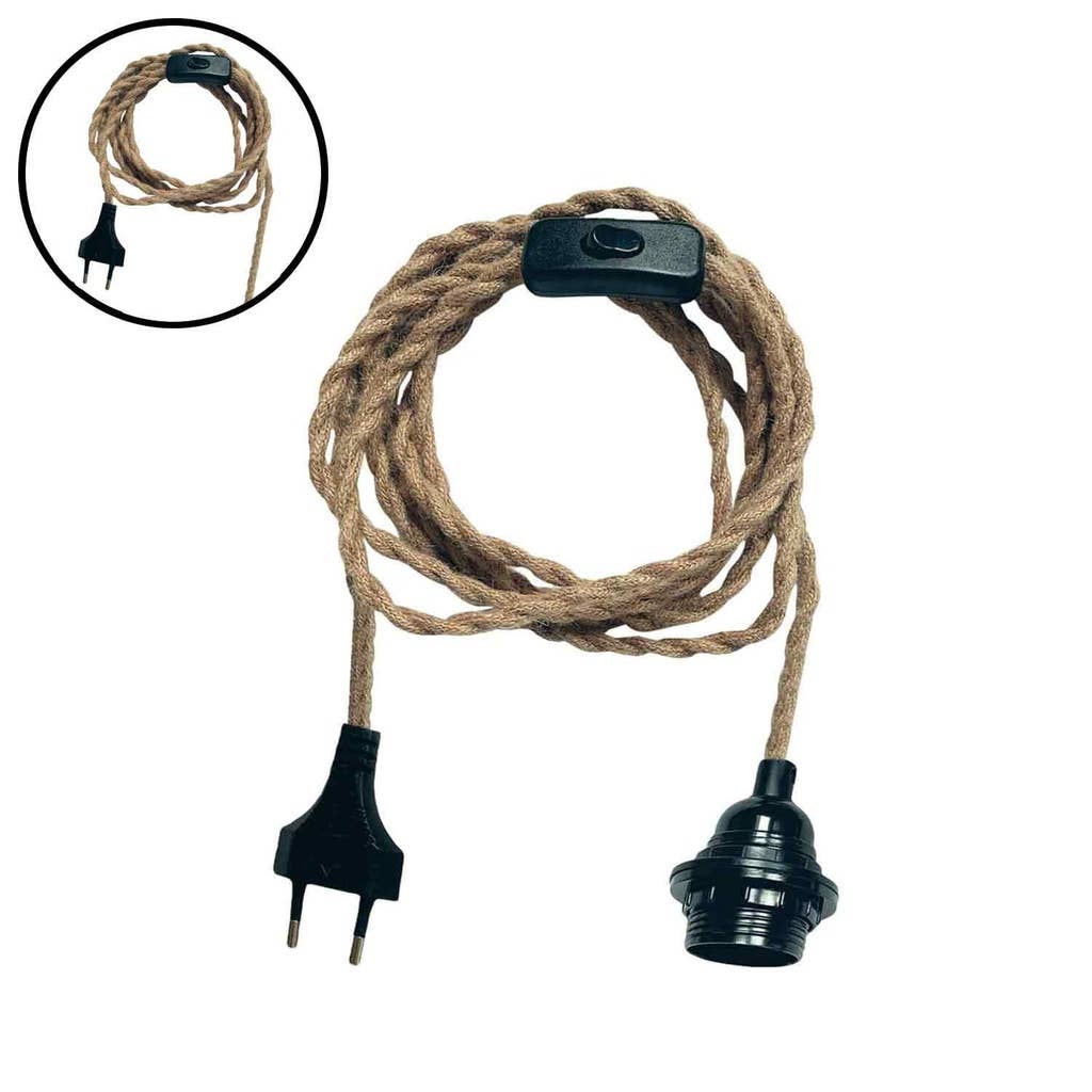Hanglamp fitting (baladeuse) zwart 300 cm gedraaid kabel natuurlijk touw stekker