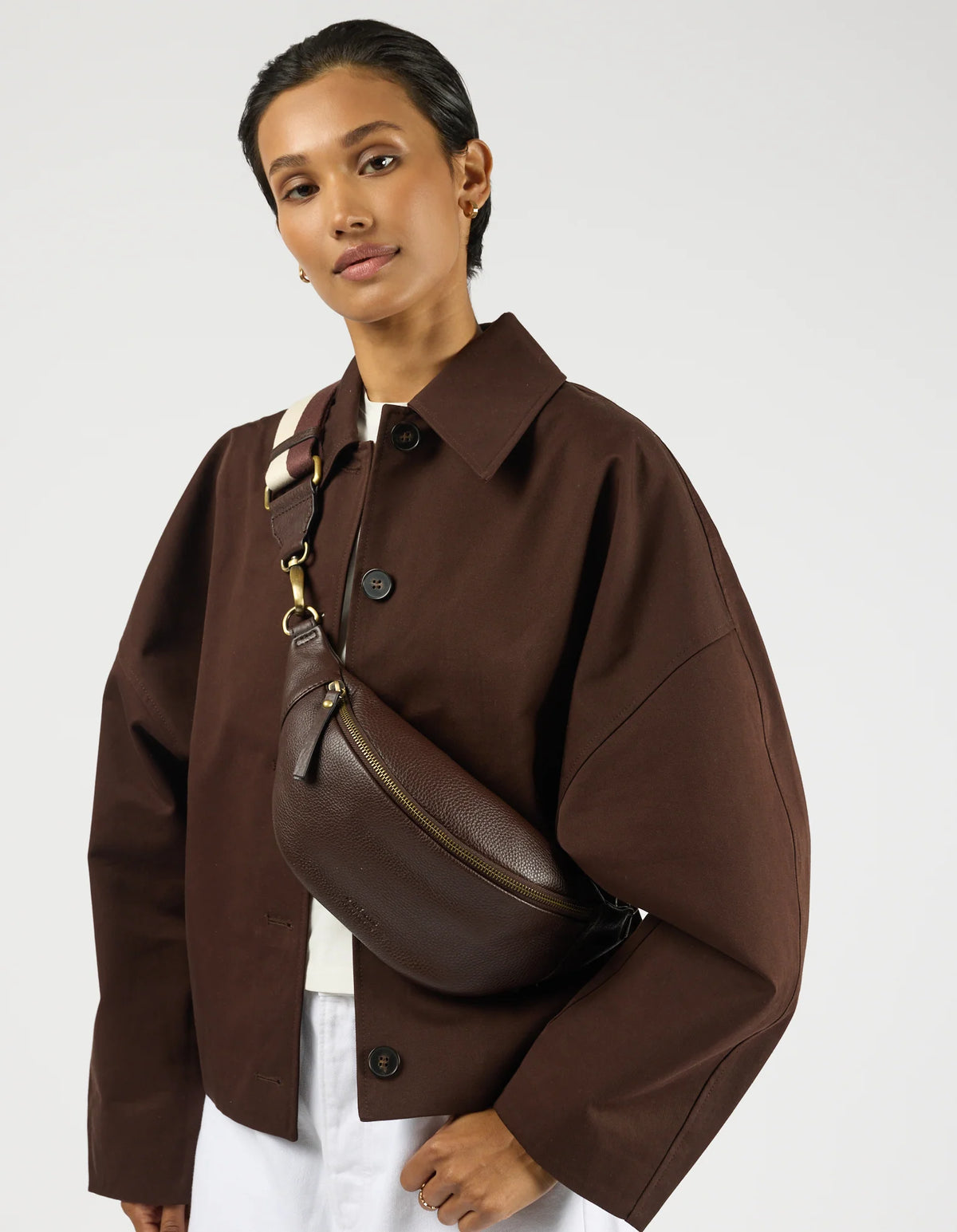 Niko Bum Bag Webbing Strap Striped Chocolate Soft Grain Leather