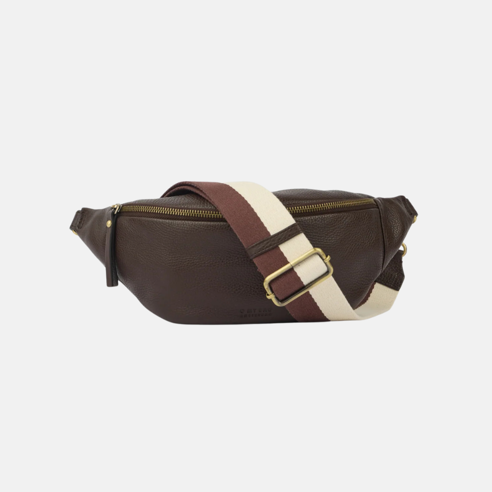Niko Bum Bag Webbing Strap Striped Chocolate Soft Grain Leather