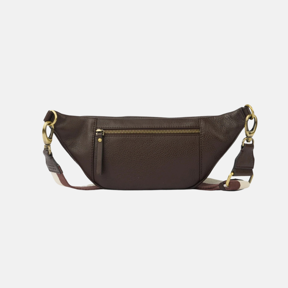 Niko Bum Bag Webbing Strap Striped Chocolate Soft Grain Leather