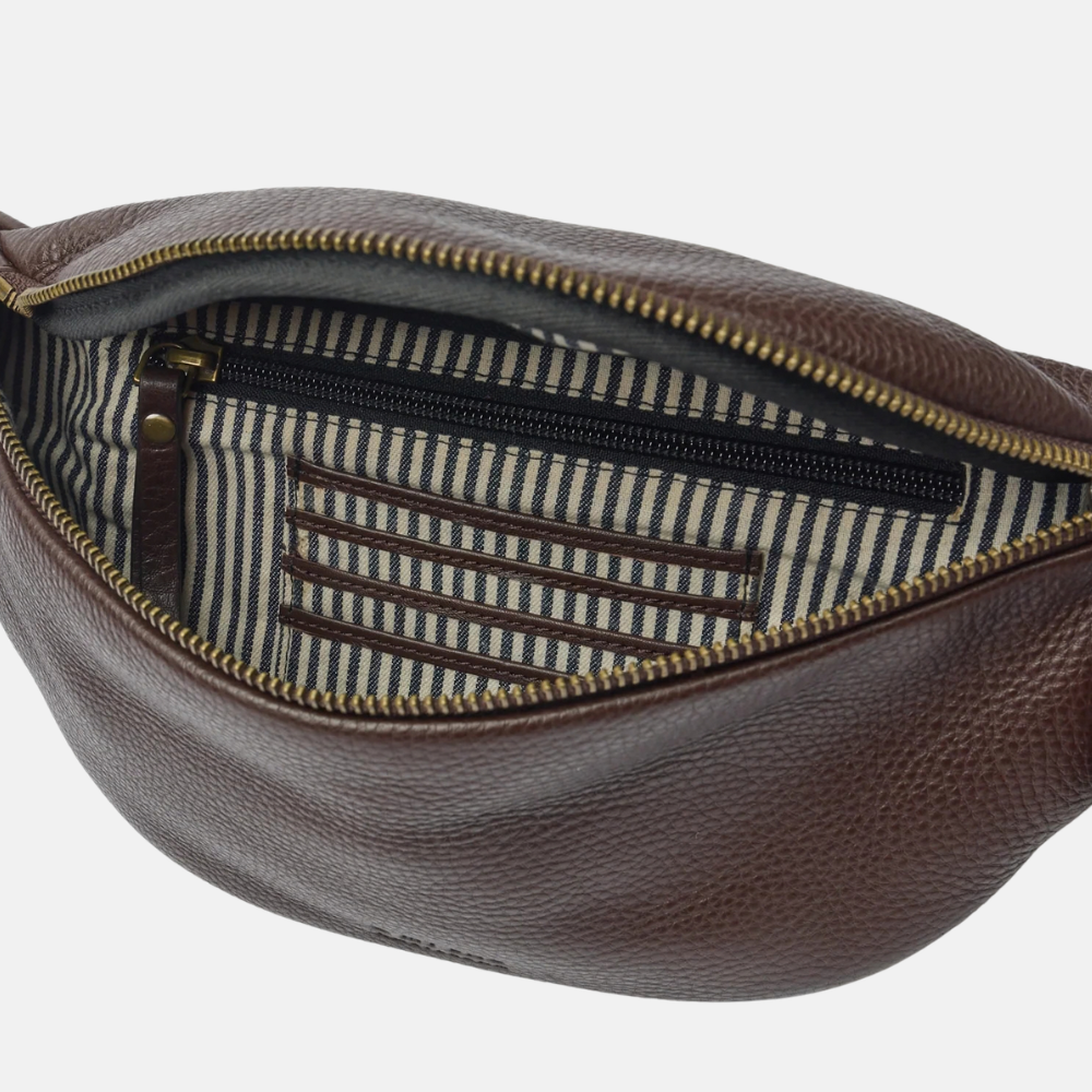 Niko Bum Bag Webbing Strap Striped Chocolate Soft Grain Leather