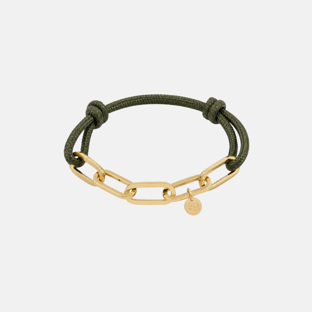 Armband met touw en gouden schakels / army green
