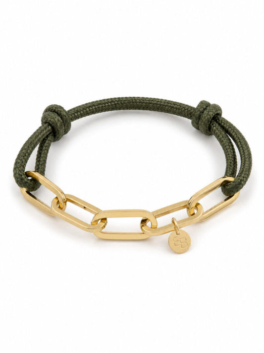 Armband met touw en gouden schakels / army green