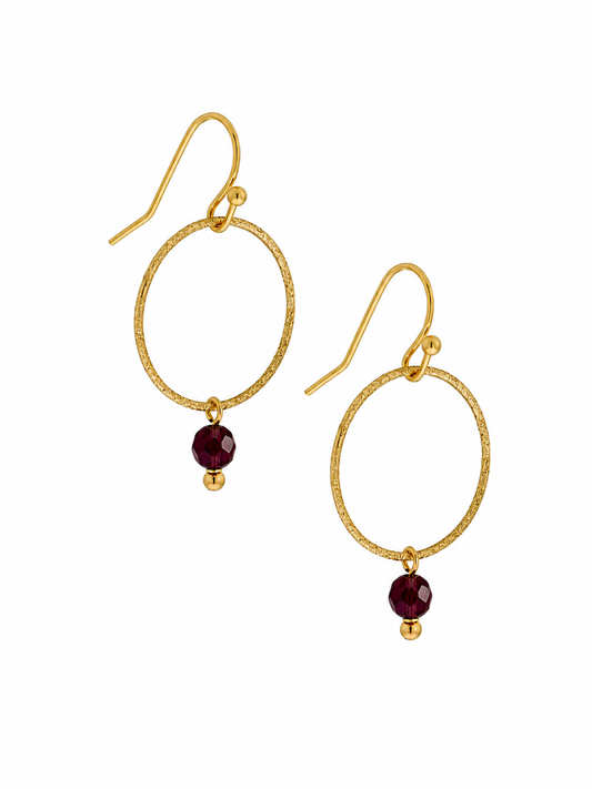 Oorbellen met gezandstraalde ring en gemstone / Bordeaux