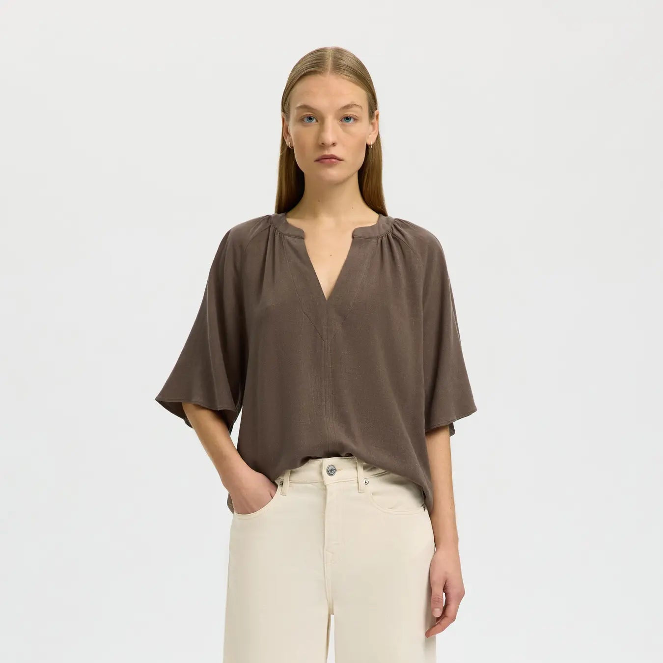 SLWVIVA 2/4 V-NECK LINEN BLEND TOP NOOS