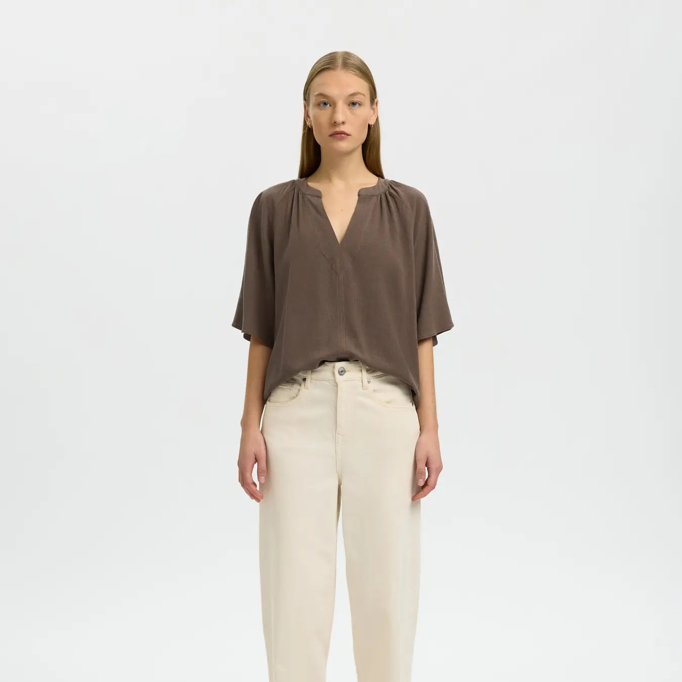 SLWVIVA 2/4 V-NECK LINEN BLEND TOP NOOS