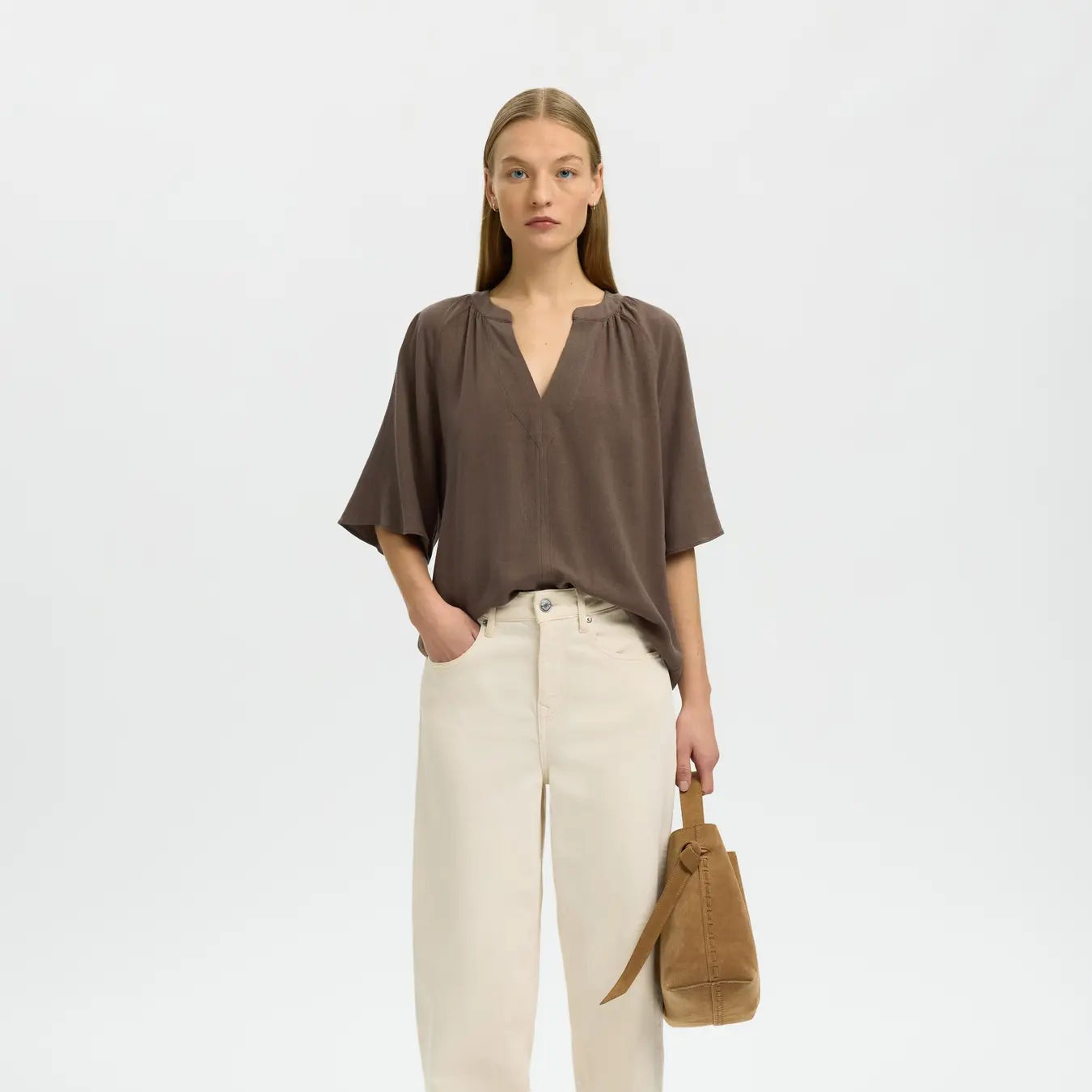 SLWVIVA 2/4 V-NECK LINEN BLEND TOP NOOS